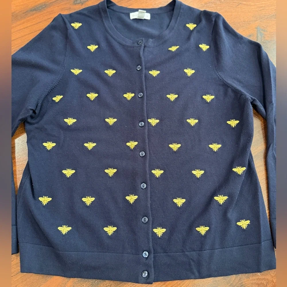 Charter Club women's navy blue bee collection embroidered cardigan Sz L - Picture 3 of 7